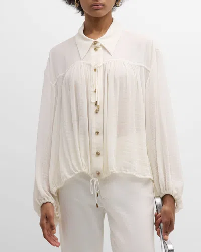 Chloé X High Summer Cotton Silk Button-front Blouson Top In Vanilla Ice