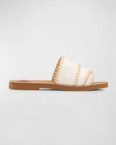 Chloé X High Summer Woody Linen Logo Whipstitch Sandals In White