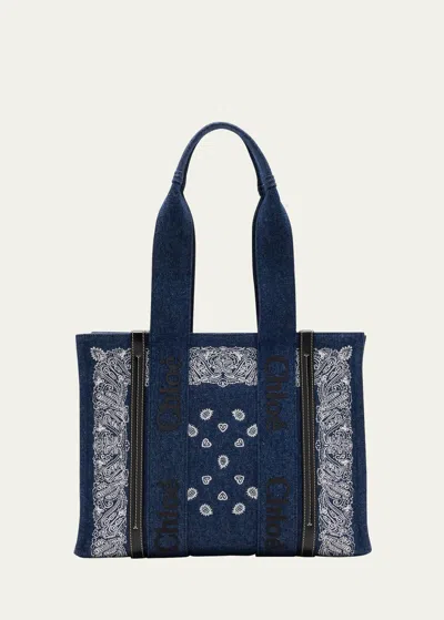 Chloé X High Summer Woody Medium Tote Bag In Bandana Embroidered Denim In Blue