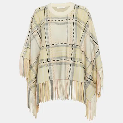 Pre-owned Chloé Yellow Plaid Cashmere Fringed Poncho Sweater Xs/s