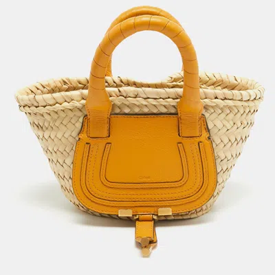 Pre-owned Chloé Yellow/natural Raffia And Leather Mini Marcie Basket Bag
