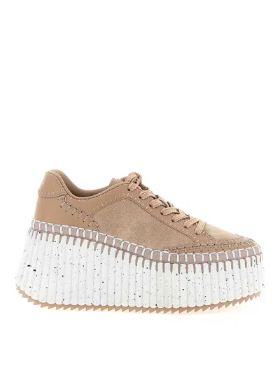 Chloé Nama Mixed Leather Stitch Platform Sneakers In Brown