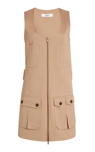 Chloé Zipped Utility Cotton Mini Dress In Brown