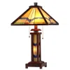 Chloelighting Alexander Tiffany-style 3 Light Mission Double Lit Wooden Table Lamp 15" Shade