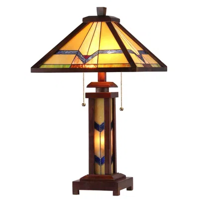 Chloelighting Alexander Tiffany-style 3 Light Mission Double Lit Wooden Table Lamp 15" Shade