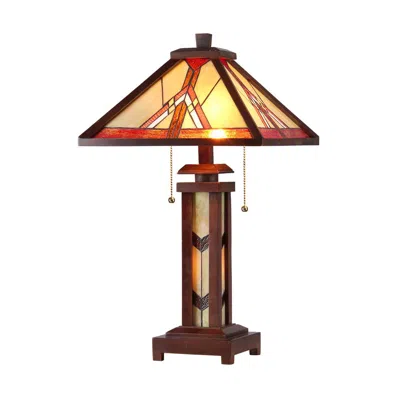 Chloelighting Anton Tiffany-style 3 Light Mission Double Lit Wooden Table Lamp 15" Shade