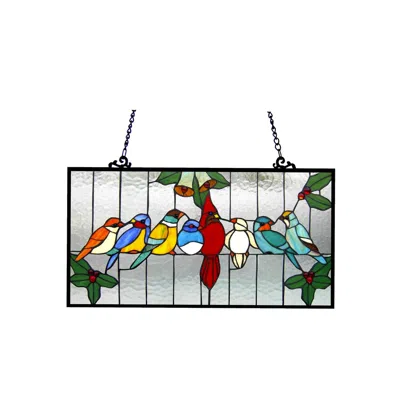 Chloelighting Aves Tiffany-glass Gathering Birds Window Panel 24.5x12.5