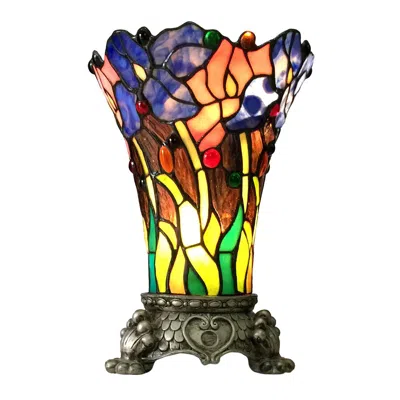 Chloelighting Brook Floral 1 Light Antique Brass Accent Lamp 11" Tall Shade In Multi