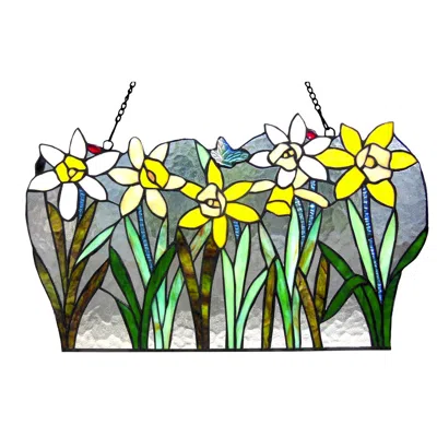 Chloelighting Daisy Tiffany-glass Flowers Window Panel 23" Wide