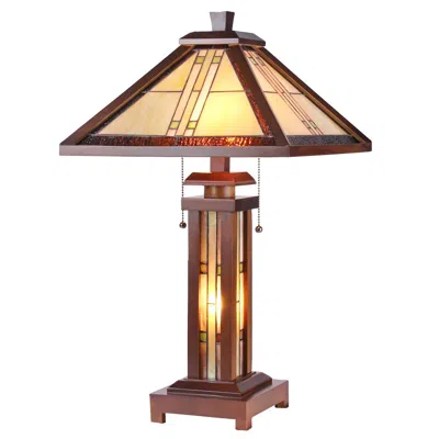 Chloelighting Earle Tiffany-style Mission 3 Light Double Lit Wooden Table Lamp 15" Shade