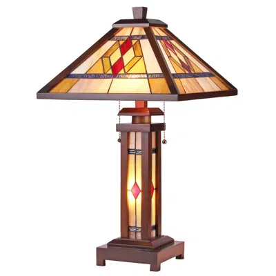 Chloelighting Gareth Tiffany-style Mission 3 Light Double Lit Wooden Table Lamp 15" Shade