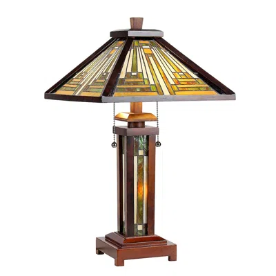 Chloelighting Innes Tiffany-style 3 Light Mission Double Lit Wooden Table Lamp 15" Shade