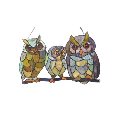 Chloelighting Ollie Tiffany-glass Owls Family Window Panel 11x17