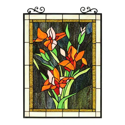 Chloelighting Orange Lily Floral Tiffany-style Stained Glass Verical Hanging Window Panel 24" Tall