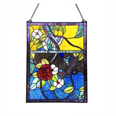 Chloelighting Rose Floral-style Black Finish Stained Glass Window Panel 24" Tall