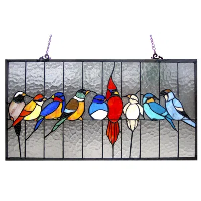 Chloelighting Tiffany-glass Featuring Birds In The Cage Window Panel 24.5x13 In Multi