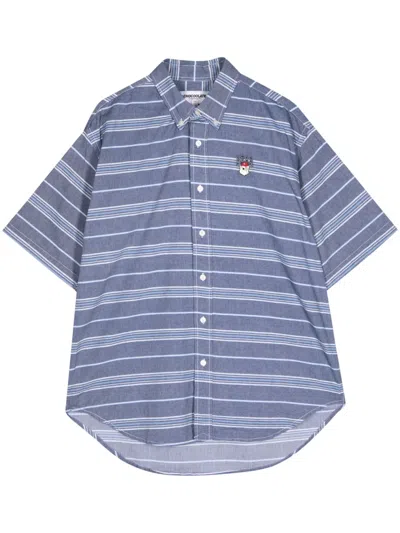 Chocoolate Bear-appliquéd Striped Shirt In 蓝色
