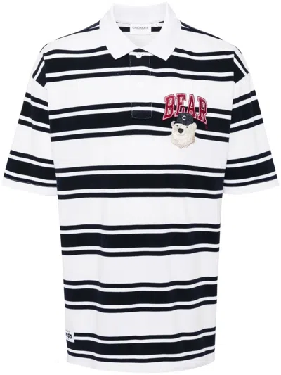 Chocoolate Bear-patch Striped Cotton Polo Shirt In White