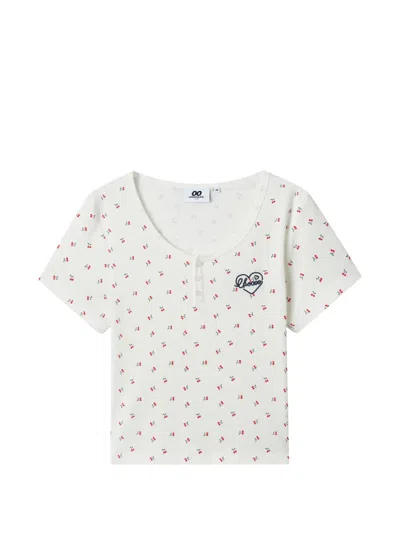 Chocoolate Button Embroidered Floral Print T-shirt In White