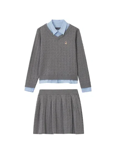 Chocoolate Cable-knit Logo-patch Sweater And Skirt Set In Gray
