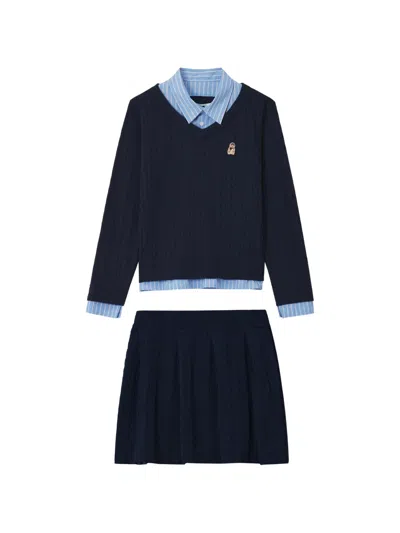Chocoolate Cable-knit Sweater And Pleated Skirt Set In Blue