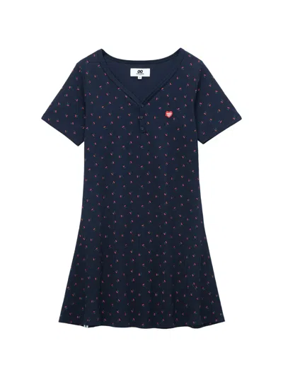 Chocoolate Cherry Print V-neck Dress In Blue