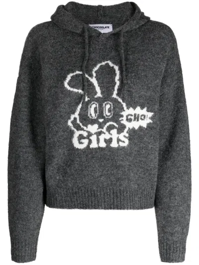 Chocoolate Drawstring-hood Intarsia-knit Hoodie In Grey