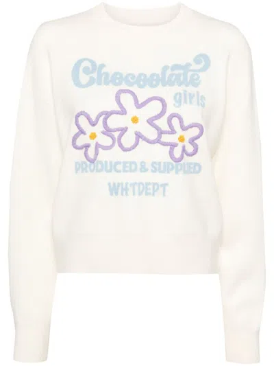 Chocoolate Floral Embroidery Crew-neck Jumpers In Neutrals