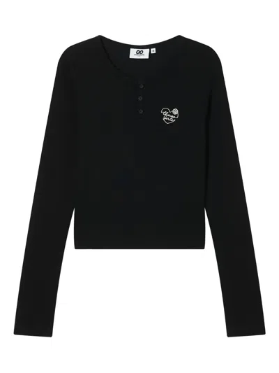 Chocoolate Heart-embroidered Henley T-shirt In Black