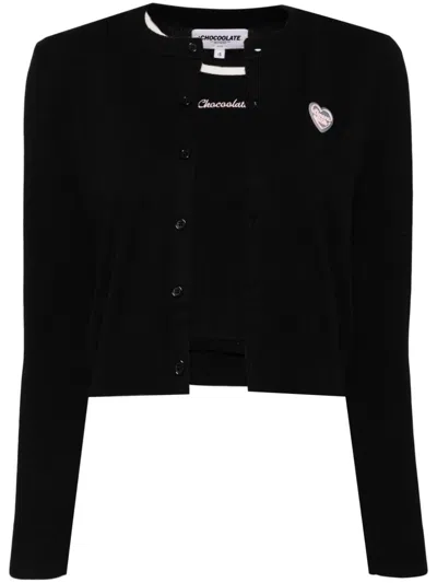 Chocoolate Heart-patch Cardigan Top (set Of Two) In Black