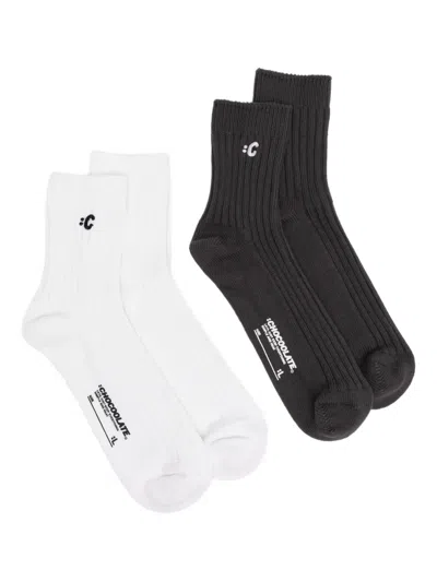 Chocoolate Letter-embroidered Socks (set Of 2) In White