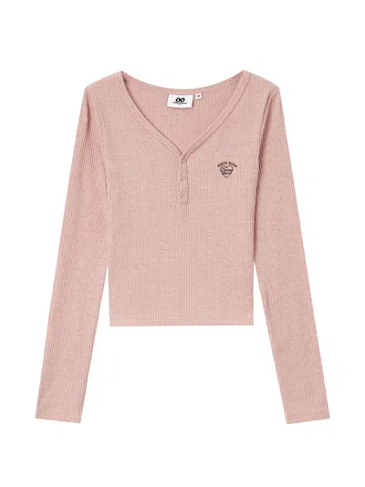 Chocoolate Ribbed-knit Heart-motif Long-sleeved Cropped T-shirt In 핑크