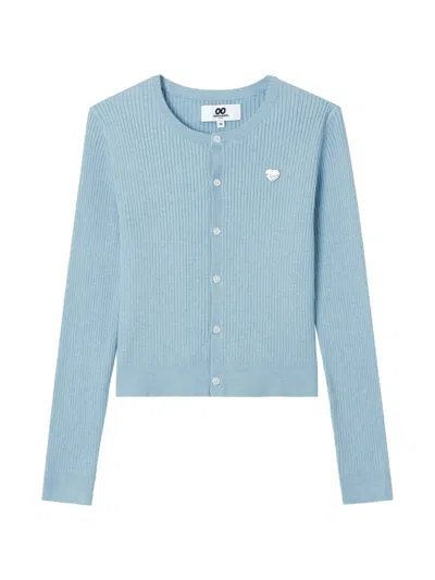 Chocoolate Ribbed-knit Heart-patch Cardigan Set In Blue