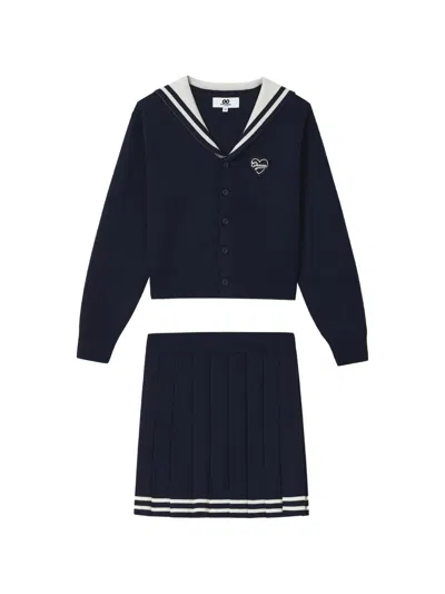 Chocoolate Sailor-collar Cardigan And Pleated Skirt Set In Blue