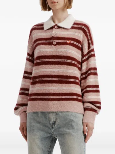Chocoolate Striped Fuzzy-knit Polo Shirt In Pink
