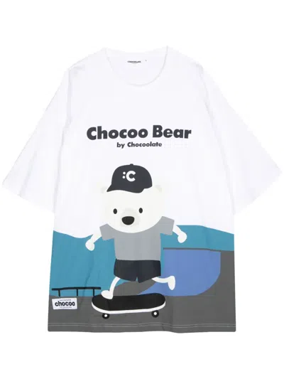 Chocoolate Teddy Bear-print Cotton T-shirt In White