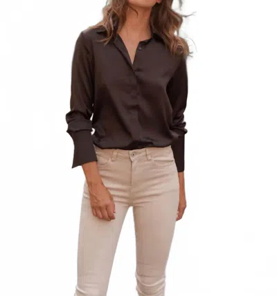 Choklate Paris Pajama Collar Satin Button Down Shirt In Chocolate In Brown