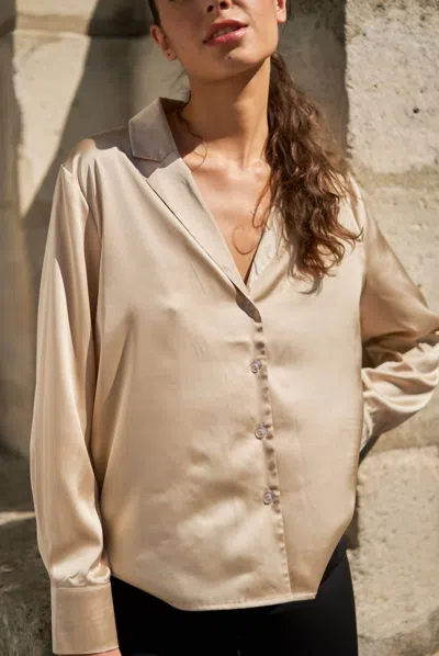 Choklate Paris Paris Shirt With Pajama Collar In Satin In Beige