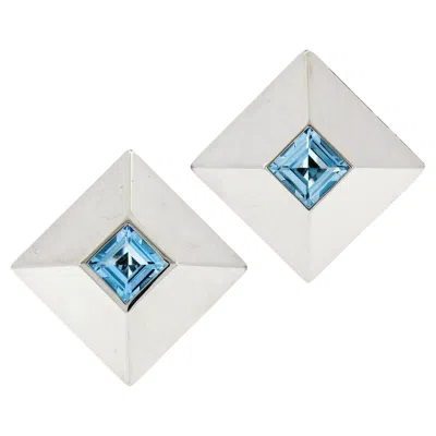 Pre-owned Chopard 18k White Gold 5.40ct Step Cut Blue Topaz Large Square Pyramid Earrings