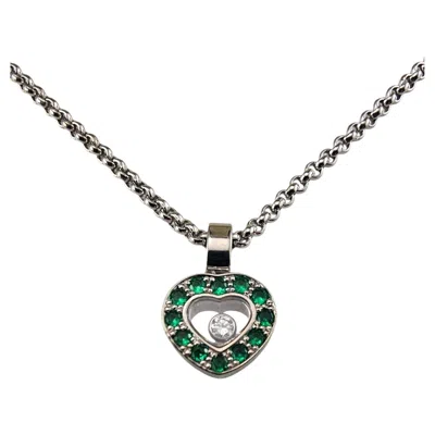 Pre-owned Chopard 18k White Gold Emerald & Diamond Heart Pendant Necklace W/coa #24782
