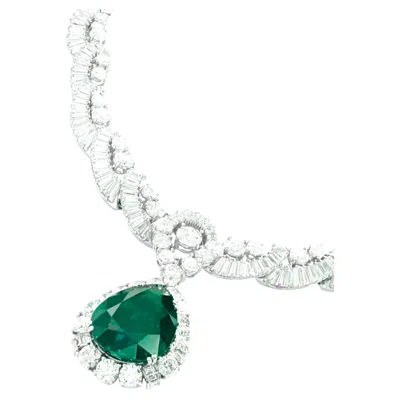 Pre-owned Chopard Agl Certified 15 Carat Minor Oil Pear Cut Emerald Diamond Necklace In Green