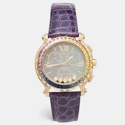 Pre-owned Chopard Black Mother Of Pearl Rainbow Baguette Sapphires Diamond 18k Rose Gold Alligator Happy Sport 283582- In Multicolor