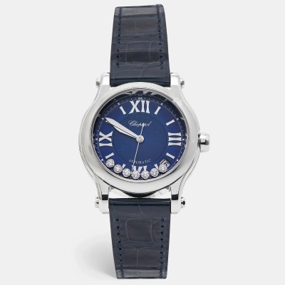 Pre-owned Chopard Blue Stainless Steel Alligator Leather Happy Sport 278559-3008 Women's Wristwatch 36 Mm