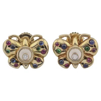 Pre-owned Chopard Happy Diamond Ruby Sapphire 18k Yellow Gold Butterfly Stud Earrings