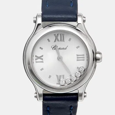 Pre-owned Chopard Happy Sport 278620-3001 Silver Dial Stainless Steel Leather Diamond Women's Wristwatch 25 Mm In Blue