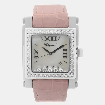 Pre-owned Chopard Happy Sport Steel Mop Dial Leather Strap Ladies Quartz Watch 288448-2001 35 Mm In Silver