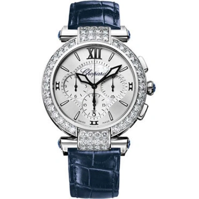 Chopard Imperiale Chronograph Diamond Mother Of Pearl Dial 18 Kt White Gold Ladies Watch 384211-1001 In Blue