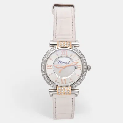 Pre-owned Chopard Mother Of Pearl 18k Gold Stainless Steel Alligator Imperiale 8532 Women's Wristwatch 36 Mm In Silver