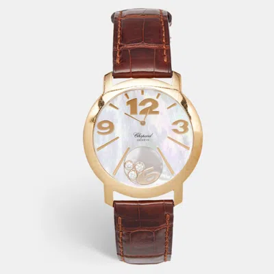 Pre-owned Chopard Mother Of Pearl 18k Yellow Gold Alligator Leather Happy Diamonds 20/7449 Women's Wristwatch 40 Mm In Brown