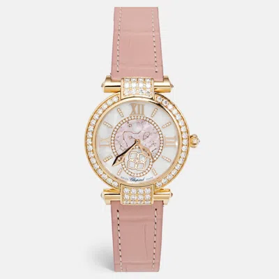 Pre-owned Chopard Mother Of Pearl Diamond 18k Ethical Rose Gold Alligator Leather Imperiale Moonphase 384246-5001 Wome